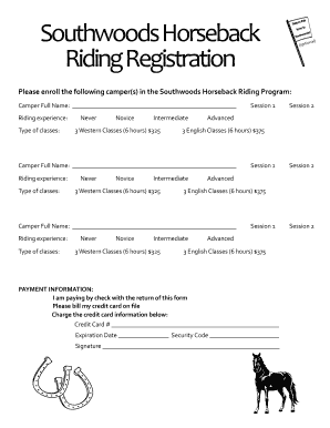 PleaseenrollthefollowingcampersintheSouthwoodsHorsebackRidingProgram  Form