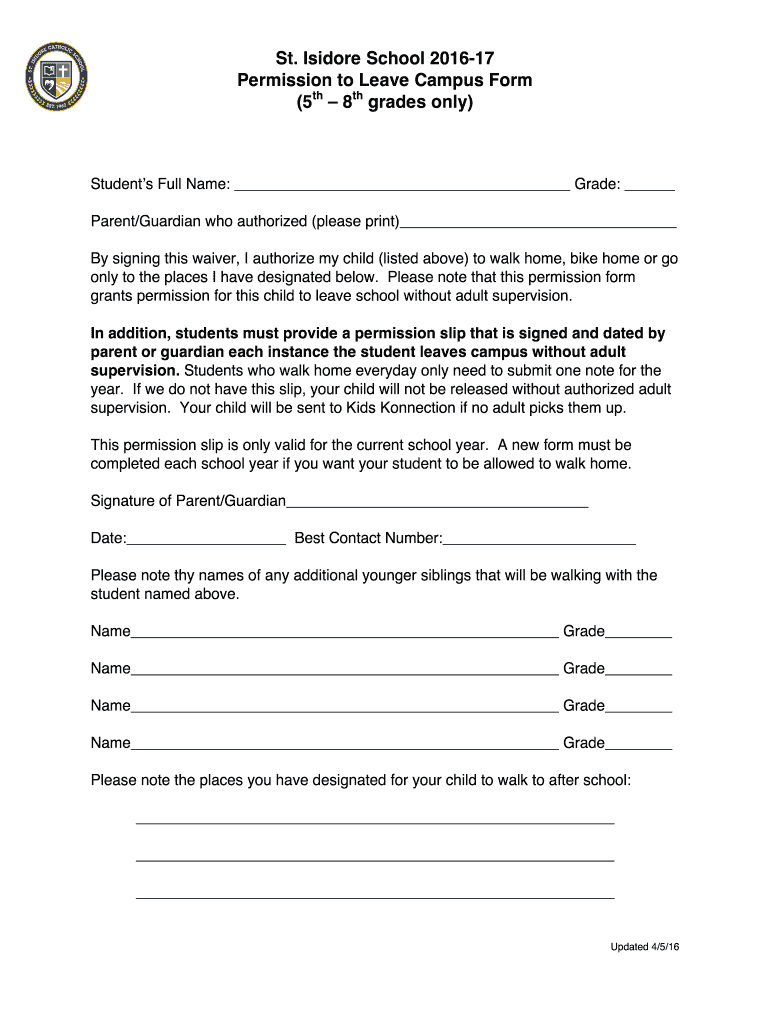  Permission to Leave Campus Form 2016