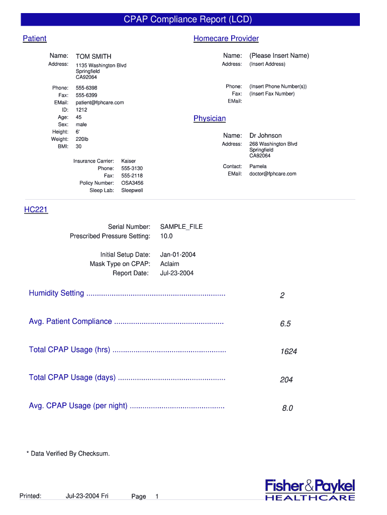CPAP Compliance Report LCD  Form