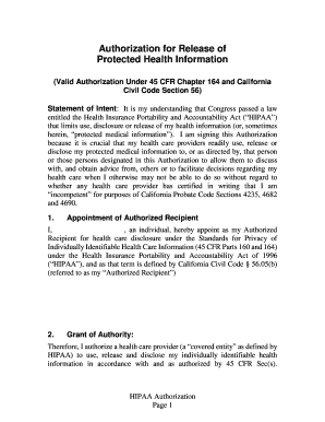 Valid Authorization under 45 CFR Chapter 164 and California  Form