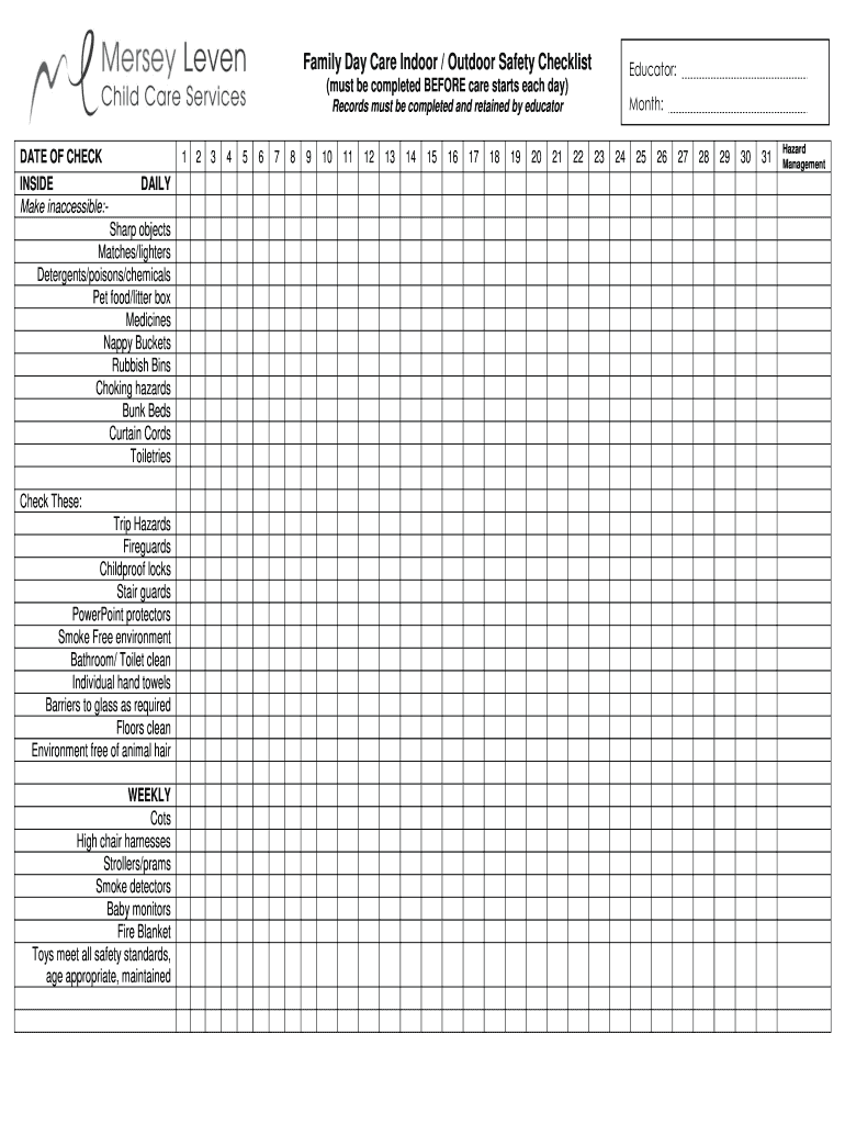  Family Day Care Indoor Outdoor Safety Checklist 2015-2024