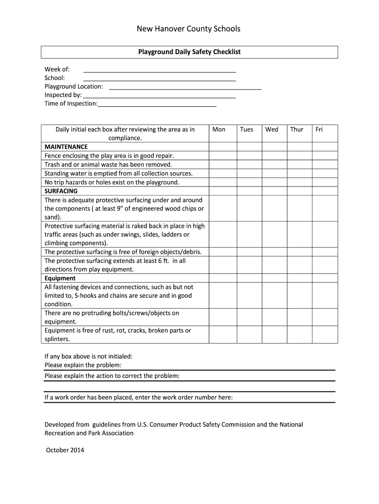 Playground Daily Safety Checklist  Form