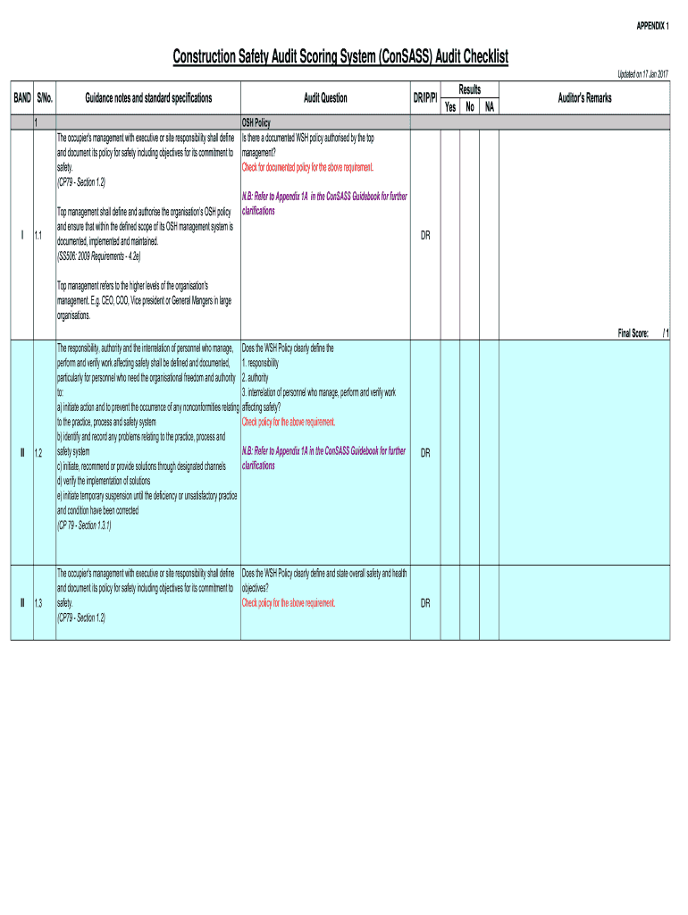 Construction Safety Audit Scoring System ConSASS Audit Checklist  Form