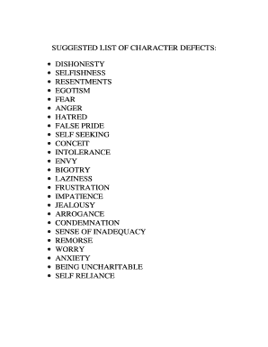 Character Defects List  Form