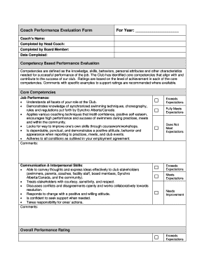 Coach Performance Evaluation Form for Year