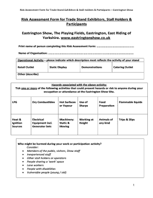  Risk Assessment Form for Trade Stand Exhibitors, Stall Holders 2017-2024