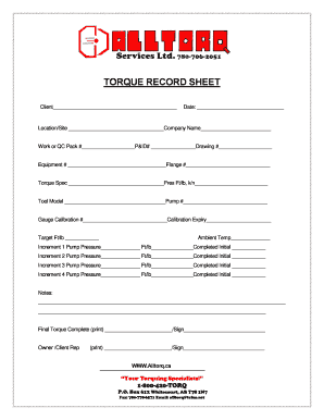 Wheel Torque Record Sheet  Form