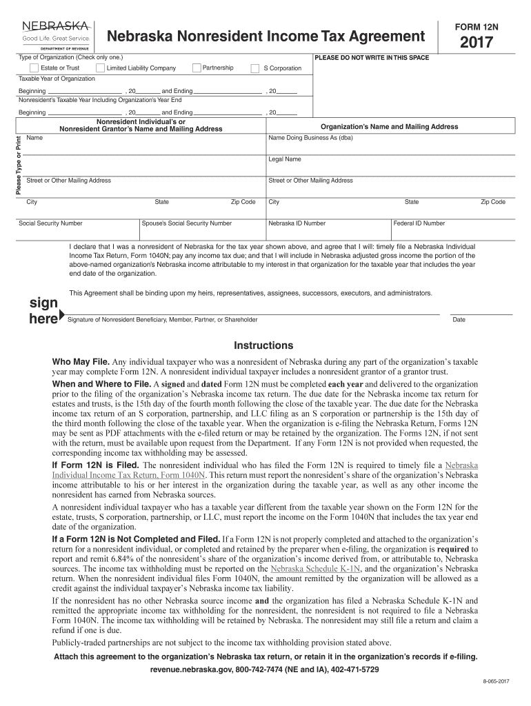  Form 12N  Nebraska Nonresident Income Tax Agreement 2017