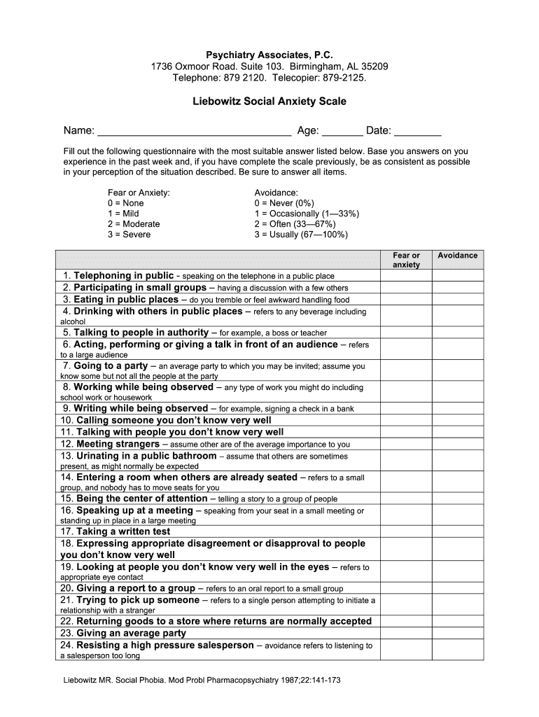 Liebowitz Social Anxiety Scale Scoring PDF  Form