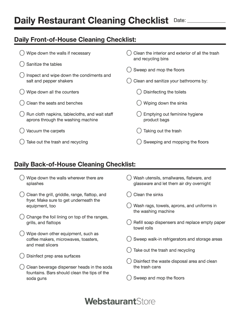 Restaurant Cleaning Front of House Template  Form