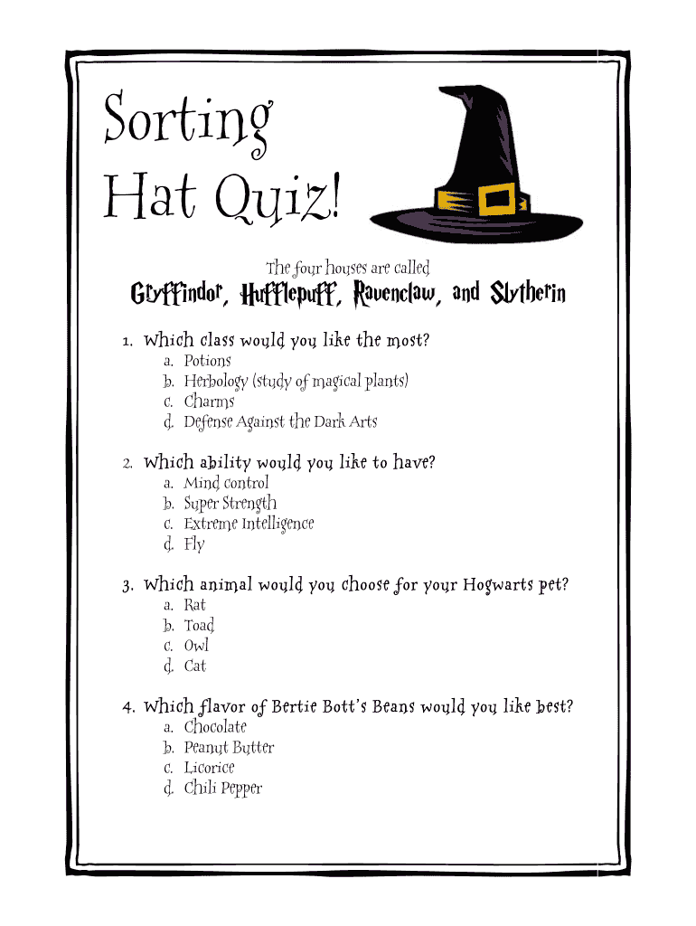 Harry Potter Sorting Quiz Printable  Form