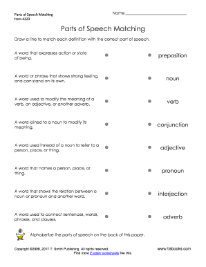 Parts of Speech Matching Worksheet  Form