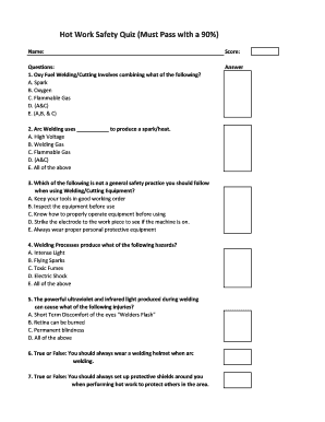 Hot Work Safety Quiz Answers  Form