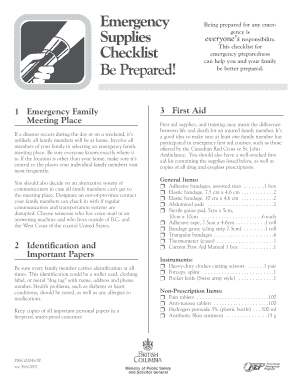 Emergency Supplies Checklist Be Prepared!  Form