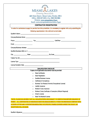 Miami Lakes Contractor Registration  Form