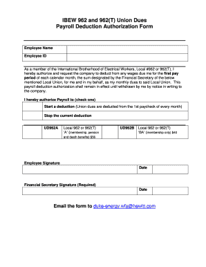 Union Dues Payroll Deduction Authorization Form IBEW 962