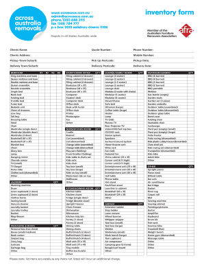 Inventory Form across Australia Removals