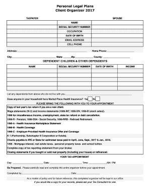  Personal Legal Plans Tax Organizer 2017