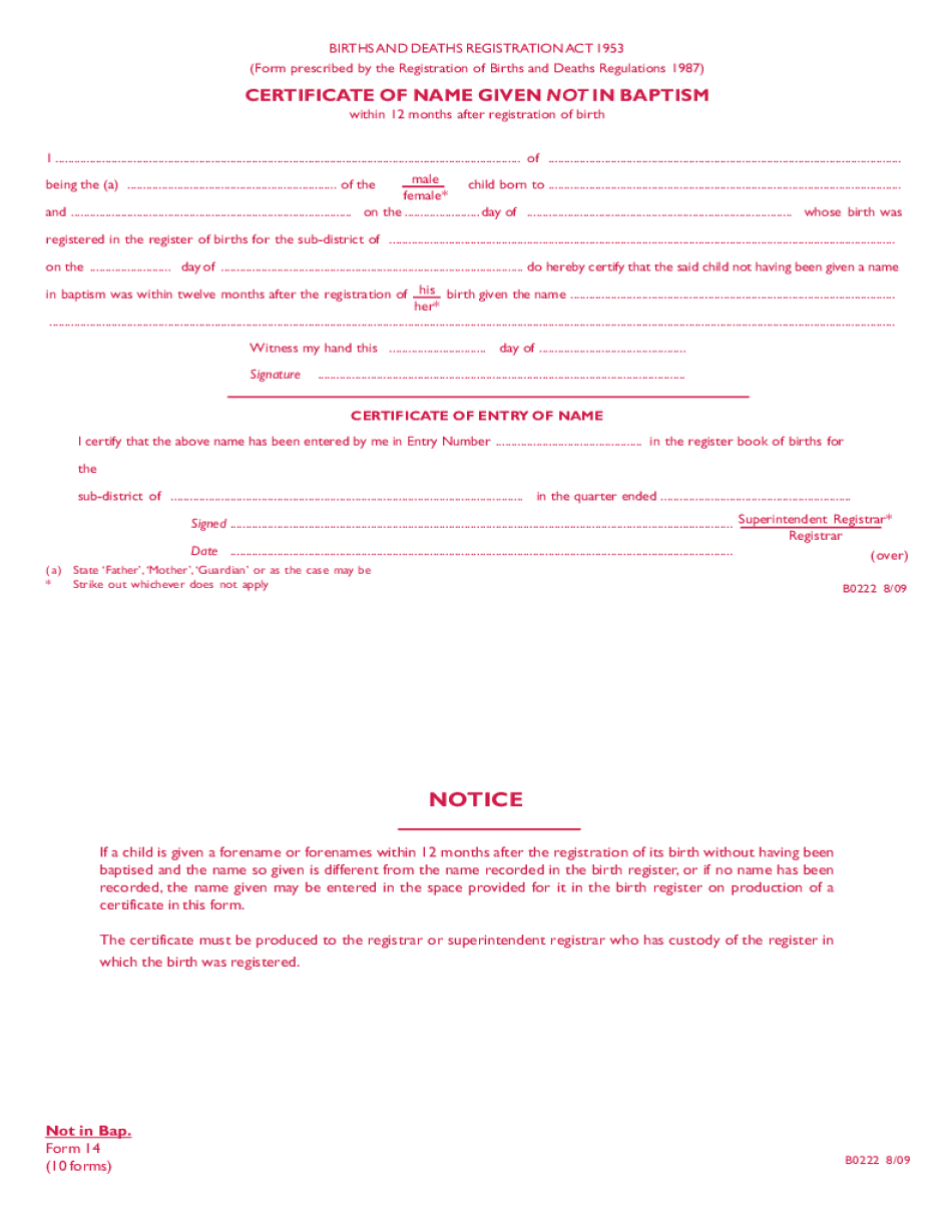  Certificate of Name NOT Given in Baptism Application Form 2009-2024