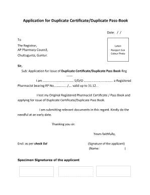 Application for Lost Certificate  Form