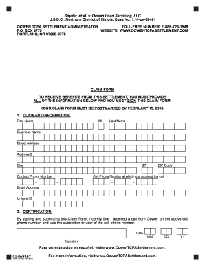 Claim Form Snyder V Ocwen Loan Servicing TCPA