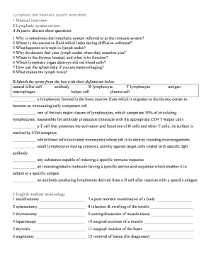 Lymphatic and Haematic System Worksheet  Form