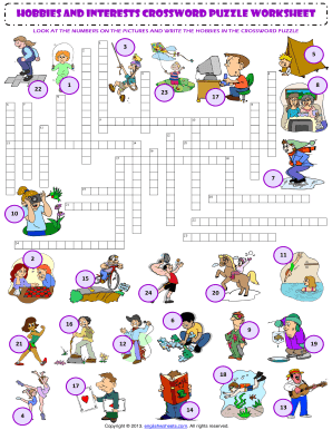 Hobbies and Interests Crossword Puzzle Worksheet  Form