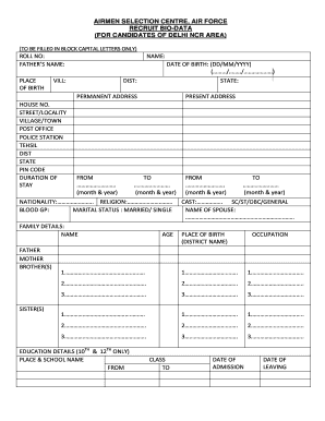 AIRMEN SELECTION CENTRE, AIR FORCE RECRUIT BIO DATA  Form