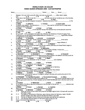 World War 1 in Color Video Guide Episode One Catastrophe Answers  Form