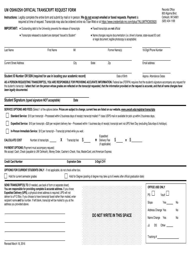  Transcript Request Form  University of Wisconsin Oshkosh 2016