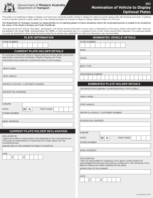 Nomination of Vehicle to Display Optional Plates  Form