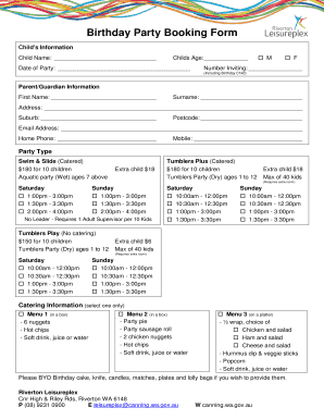 Birthday Party Booking Form City of Canning