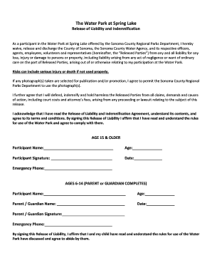 Indemnity Form for the Trip to the Water Park
