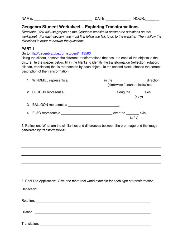 Geogebra Student Worksheet Exploring Transformations Answers