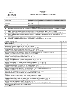 Hartford Public Schools Kindergarten Report Card  Form