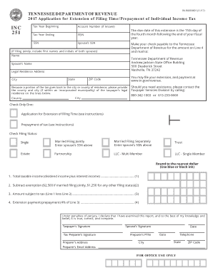 Tennessee Individual Income Tax Return Application for Extension  Form