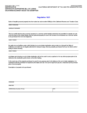 Certificate B Certificate Supporting Bill of Lading California Blanket Sales Tax Exemption CDTFA 230 H 1  Form