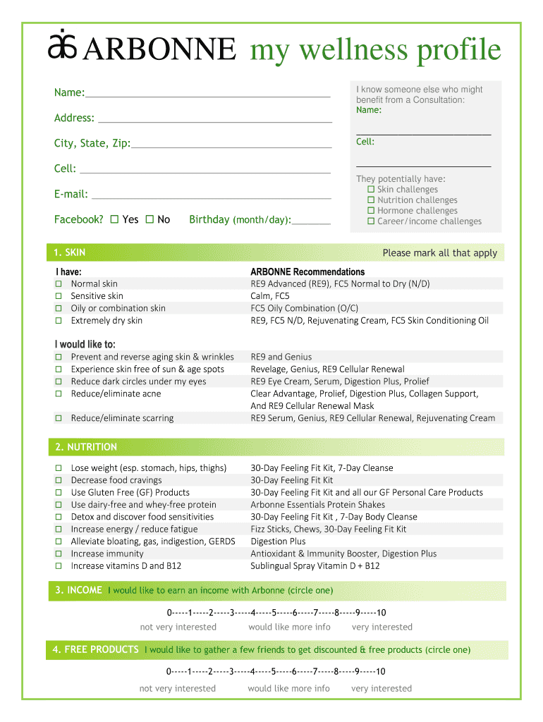 Current Arbonne My Wellness Profile  Form