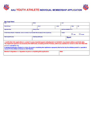 Aau Athlete Individual Membership Application  Form