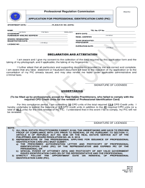 APPLICATION for PROFESSIONAL IDENTIFICATION CARD PIC  Form