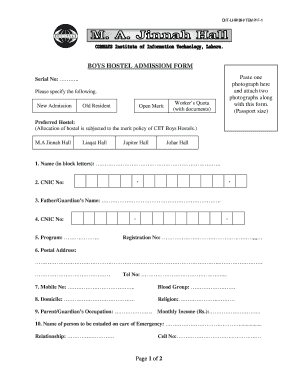 Boys Hostel Admissiom Form COMSATS Lahore