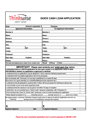 Quick Cash Loan Application Thinkwise Credit Union  Form