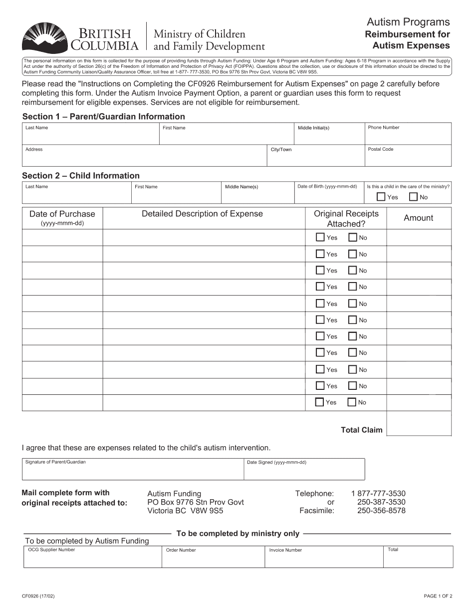  the Personal Information on This Form is Collected for the Purpose of Providing Funds through Autism Funding under Age 6 Program 2017-2024