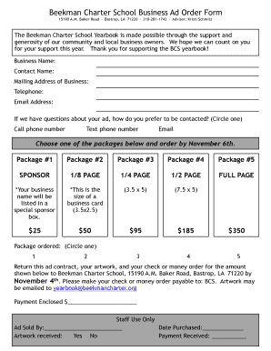 Yearbook Business Ad Order Form