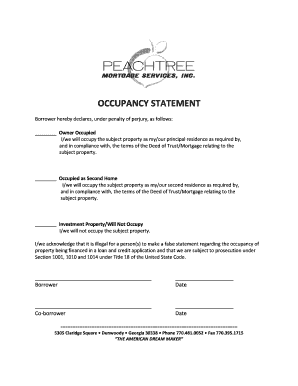 Occupancy Statement Peachtree Mortgage Services, Inc  Form