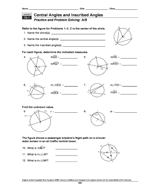 Central and Inscribed Angles Worksheet  Form