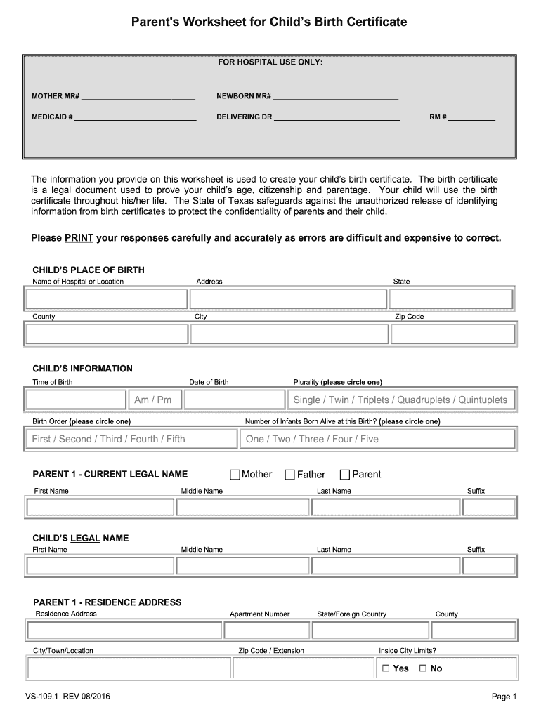  Worksheet for Home Birth in Texas 2016-2024