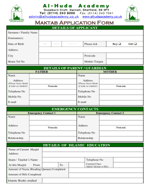 Maktab Application Form Al Huda Academy