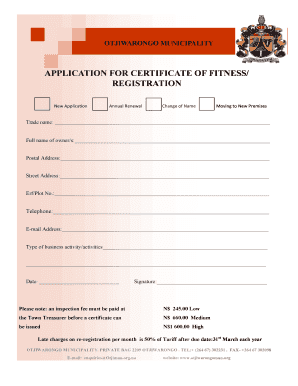 Application for Certificate of Fitness Registration Otjiwarongo  Form