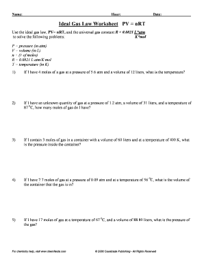 Ideal Gas Law Problems Worksheet  Form